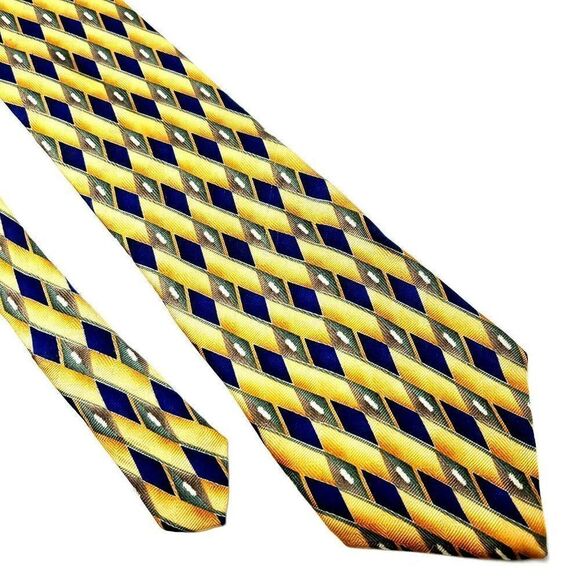 Oscar De La Renta‎ Silk Tie Yellow Print Short Wide Geometric - Picture 1 of 6